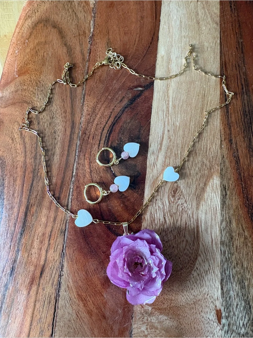 Kids Pink Rose Pendant Necklace and Earrings Set - Gold Tone